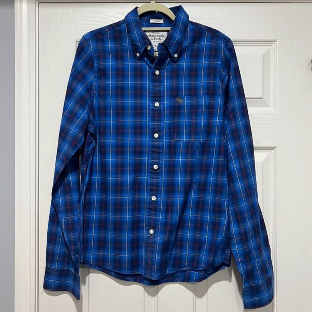 NWT Abercrombie & Fitch Muscle Fit Cotton Long-Sleeve Blue Plaid Shirt Sz Large